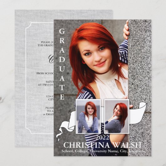 Keepake 3 Foto White Ribbon Abschluss Einladung (Vorne/Hinten)