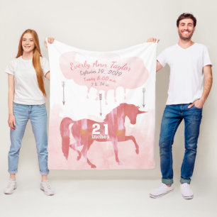Keepake Baby Girl Blush Coral Birth Stat Unicorn Fleecedecke