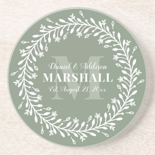 Keepake Newlyly Couple Green Wreath Monogram Getränkeuntersetzer (Vorne)