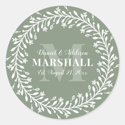 Keepake Newlyly Couple Green Wreath Monogram Runder Aufkleber (Vorderseite)