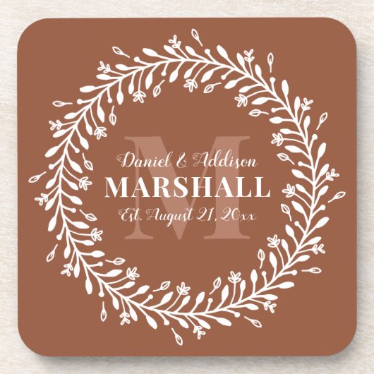 Keepake Newlyly Couple Orange Wreath Monogram Getränkeuntersetzer (Vorderseite)