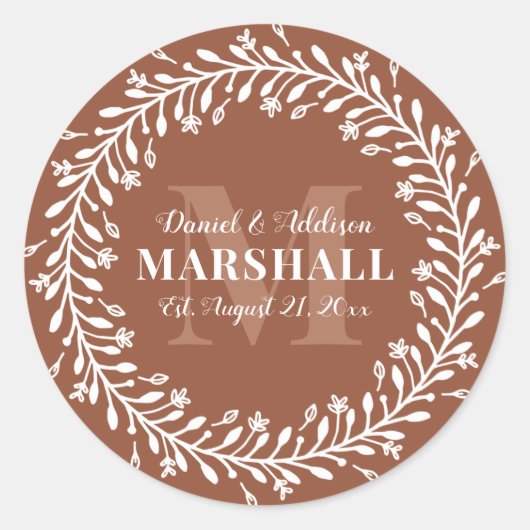Keepake Newlyly Couple Orange Wreath Monogram Runder Aufkleber (Vorderseite)