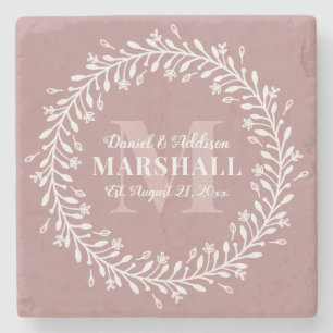 Keepake Newlyly Couple Pink Wreath Monogram Name Steinuntersetzer