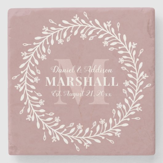 Keepake Newlyly Couple Pink Wreath Monogram Name Steinuntersetzer (Vorderseite)