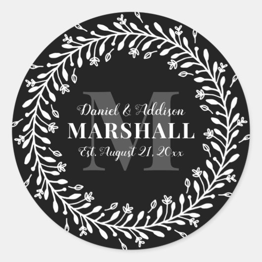 Keepake Newlyly Couple Wreath Monogram Name Runder Aufkleber (Vorderseite)