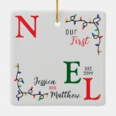 Keepake Paare Foto Festivals Farbiges Erstes Weihn Keramikornament (Rückseite)