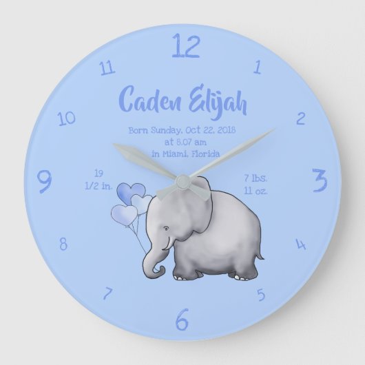 Keepsake Baby Boy Birth Stat Elephant Nursery Große Wanduhr (Vorderseite)