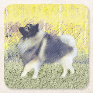 Keeshond Aspen Painting - Niedliche Originalkunst Rechteckiger Pappuntersetzer