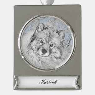 Keeshond Beth Painting - Niedliche Originalkunst d Banner-Ornament Silber