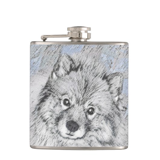 Keeshond Beth Painting - Niedliche Originalkunst d Flachmann (Vorderseite)