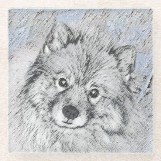 Keeshond Beth Painting - Niedliche Originalkunst d Glasuntersetzer (Vorderseite)