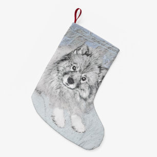 Keeshond Beth Painting - Niedliche Originalkunst d Kleiner Weihnachtsstrumpf
