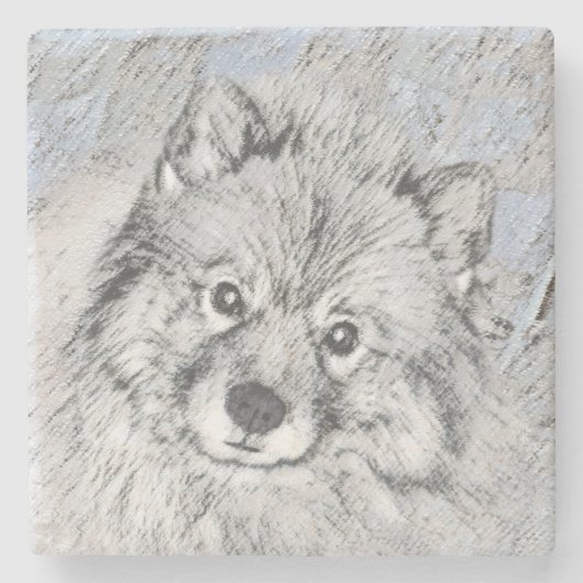 Keeshond Beth Painting - Niedliche Originalkunst d Steinuntersetzer (Vorderseite)