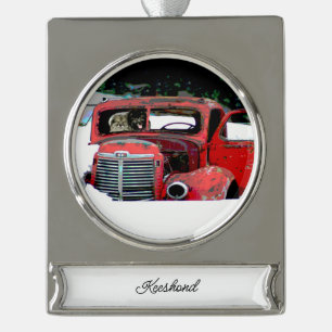 Keeshond Christmas Old Truck Malerei Hund Art Banner-Ornament Silber