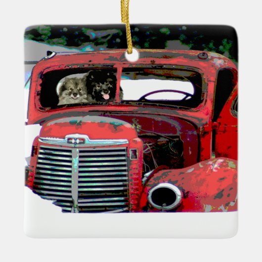 Keeshond Christmas Old Truck Malerei Hund Art Keramikornament (Vorderseite)