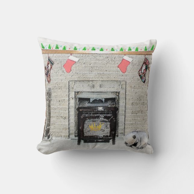 Keeshond Christmas Puppy Dog von Fireplace Paintin Kissen (Vorderseite)