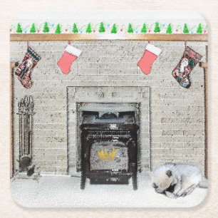 Keeshond Christmas Puppy Dog von Fireplace Paintin Rechteckiger Pappuntersetzer