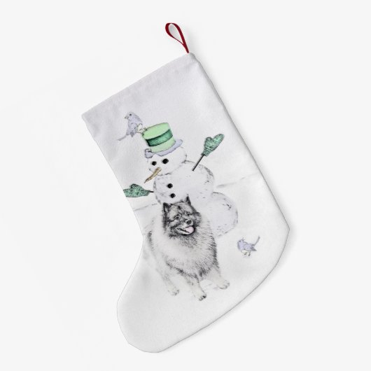Keeshond Christmas Snowman Painting Dog Art Kleiner Weihnachtsstrumpf (Rückseite (Hängend))