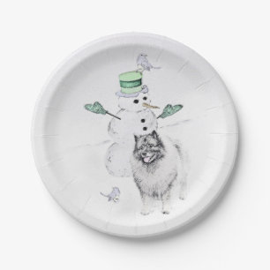 Keeshond Christmas Snowman Painting Dog Art Pappteller