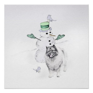 Keeshond Christmas Snowman Painting Dog Art Poster