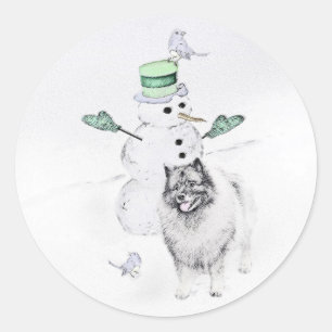 Keeshond Christmas Snowman Painting Dog Art Runder Aufkleber