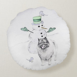 Keeshond Christmas Snowman Painting Dog Art Rundes Kissen