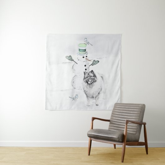 Keeshond Christmas Snowman Painting Dog Art Wandteppich (Beispiel (Horizontal))