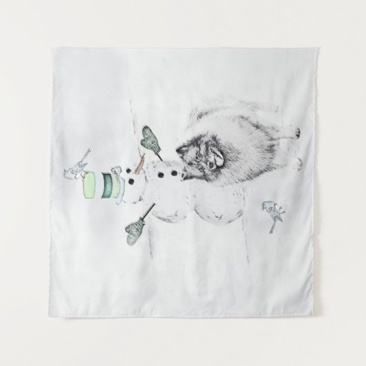 Keeshond Christmas Snowman Painting Dog Art Wandteppich (Vorderseite)