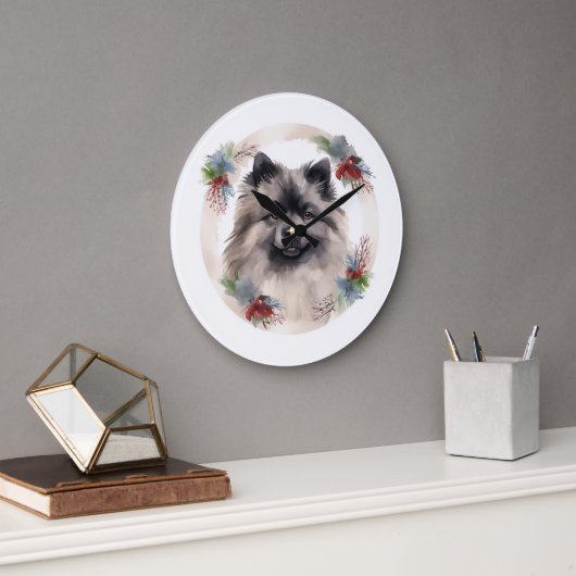 Keeshond Christmas Wreath Festivals Große Wanduhr (Büro)