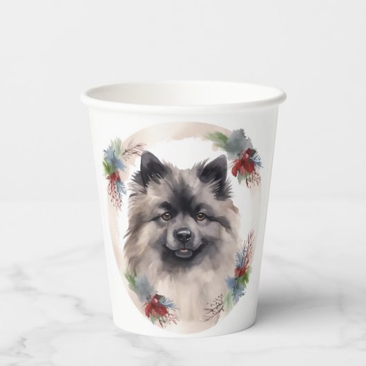 Keeshond Christmas Wreath Festivals Pappbecher (Rückseite)