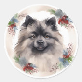 Keeshond Christmas Wreath Festivals Runder Aufkleber (Vorderseite)