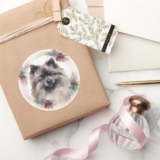 Keeshond Christmas Wreath Festivals Runder Aufkleber (Schenken)