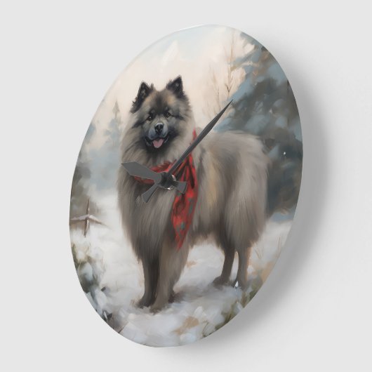 Keeshond Dog in Schneehocht Große Wanduhr (Winkel)