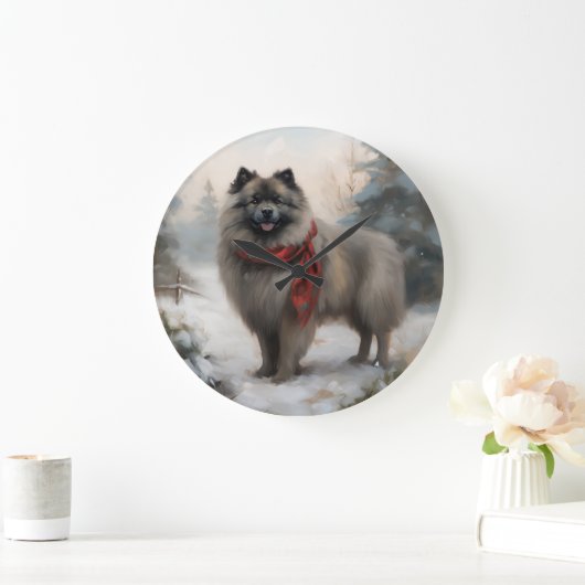 Keeshond Dog in Schneehocht Große Wanduhr (Zuhause)