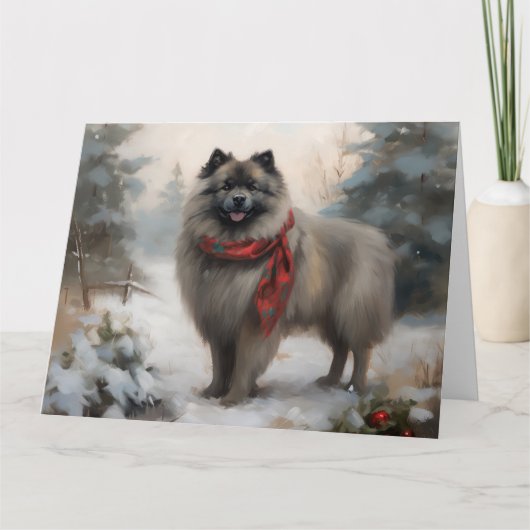 Keeshond Dog in Schneehocht Karte (Vorderseite)