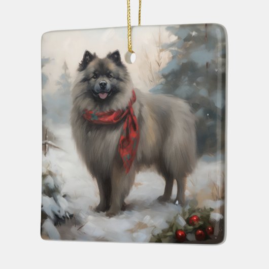 Keeshond Dog in Schneehocht Keramikornament (Links)