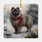 Keeshond Dog in Schneehocht Keramikornament (Rückseite)
