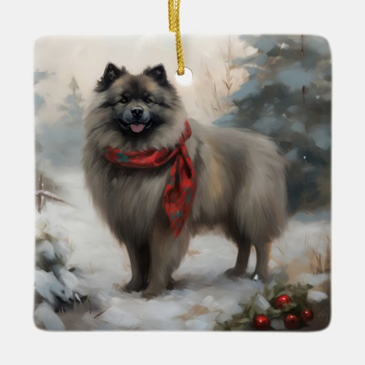 Keeshond Dog in Schneehocht Keramikornament (Vorderseite)