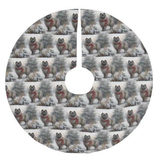 Keeshond Dog in Schneehocht Polyester Weihnachtsbaumdecke (Vorderseite)