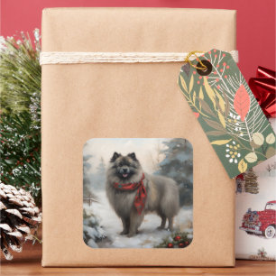 Keeshond Dog in Schneehocht Quadratischer Aufkleber