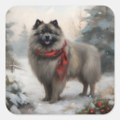 Keeshond Dog in Schneehocht Quadratischer Aufkleber (Vorderseite)