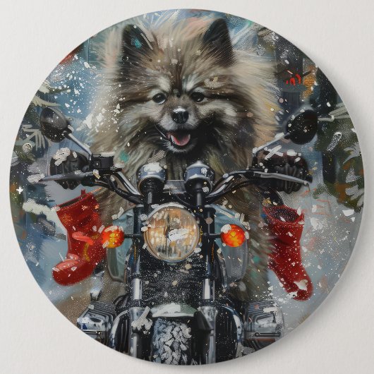 Keeshond Dog Riding Motorrad Weihnachten Button (Vorderseite)