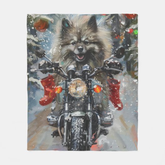 Keeshond Dog Riding Motorrad Weihnachten Fleecedecke (Vorderseite)
