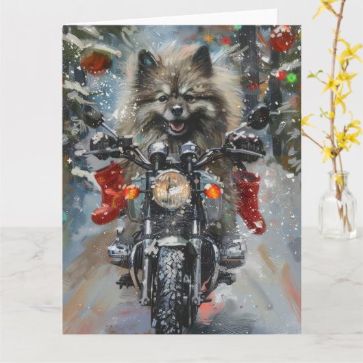 Keeshond Dog Riding Motorrad Weihnachten Karte (Gelbe Blume)