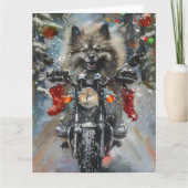 Keeshond Dog Riding Motorrad Weihnachten Karte (Vorderseite)
