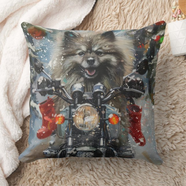 Keeshond Dog Riding Motorrad Weihnachten Kissen (Decke)