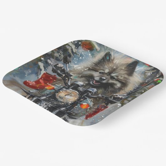 Keeshond Dog Riding Motorrad Weihnachten Pappteller (Gewinkelt)