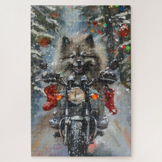 Keeshond Dog Riding Motorrad Weihnachten Puzzle (Vertikal)