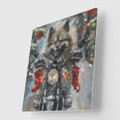 Keeshond Dog Riding Motorrad Weihnachten Quadratische Wanduhr (Winkel)