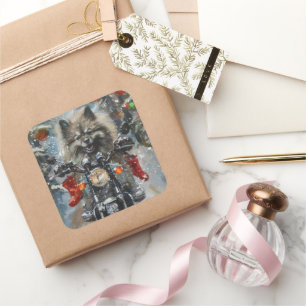 Keeshond Dog Riding Motorrad Weihnachten Quadratischer Aufkleber